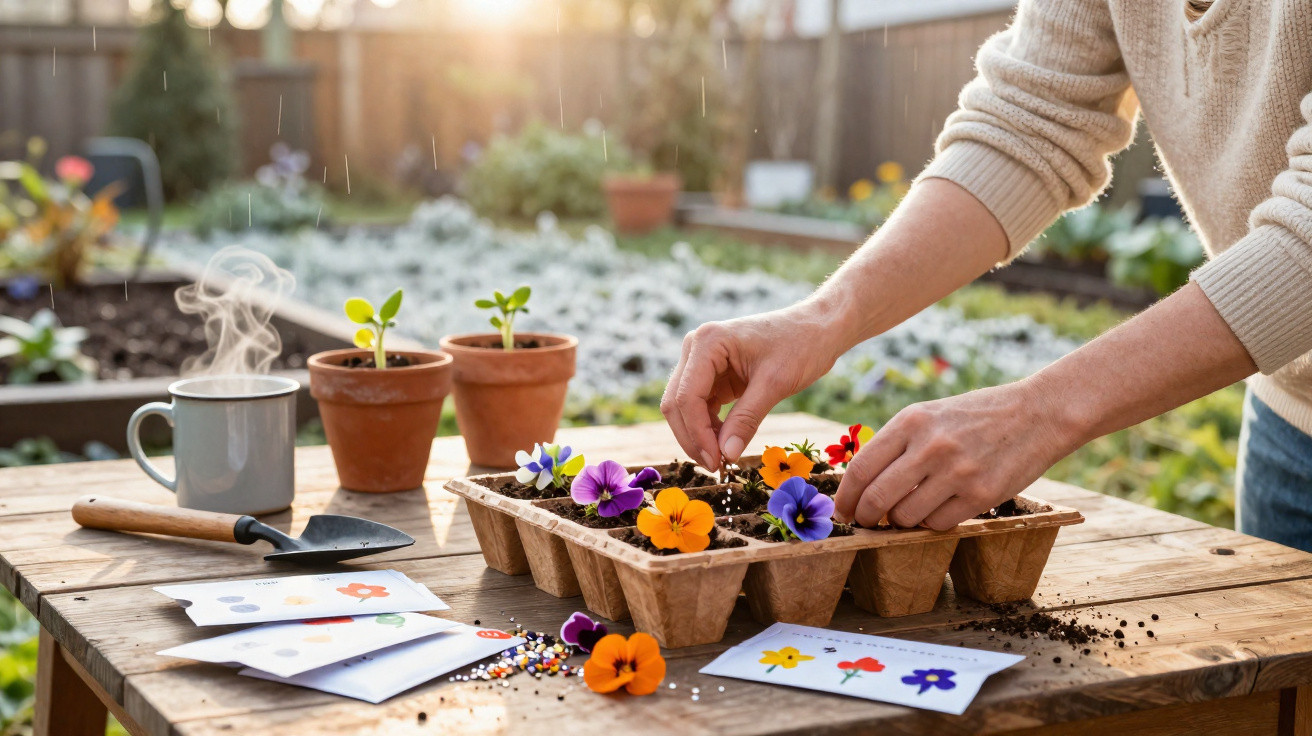 Hands planting colourful pansy flowers in seed trays on a wooden table with gardening tools and a steaming mug.