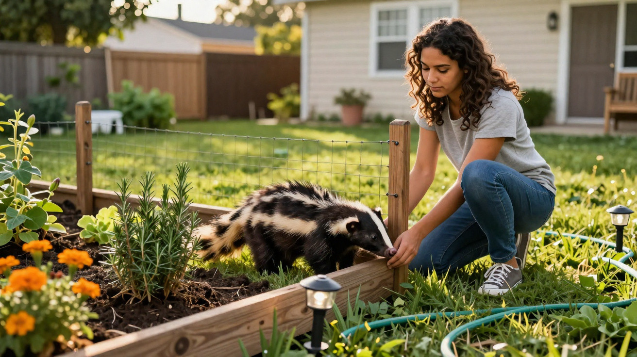 Young woman in garden feeding a skunk near a raised flowerbed on a sunny day
