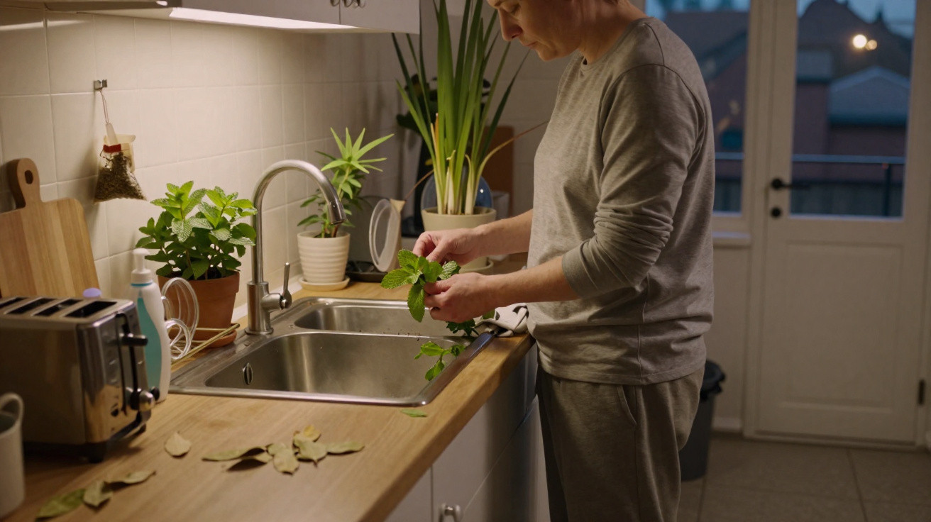 Person trimming fresh herbs at a kitchen sink with potted plants and wooden chopping boards nearby.