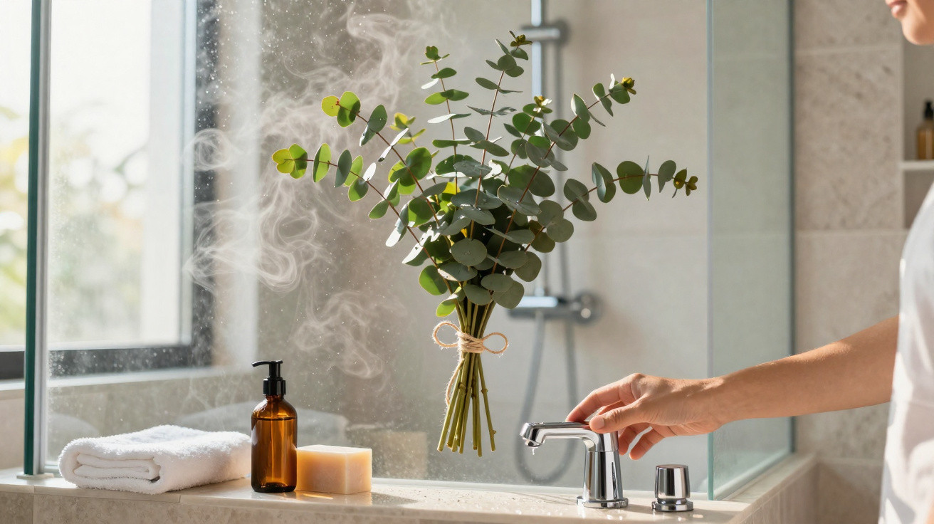 Person adjusting bathroom faucet next to eucalyptus bouquet, soap, towel, and amber bottle on sink edge