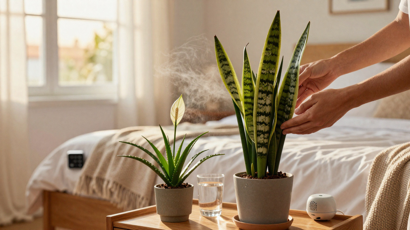 Hands adjusting a snake plant and a small aloe vera plant on a wooden bedside table in a sunlit bedroom.