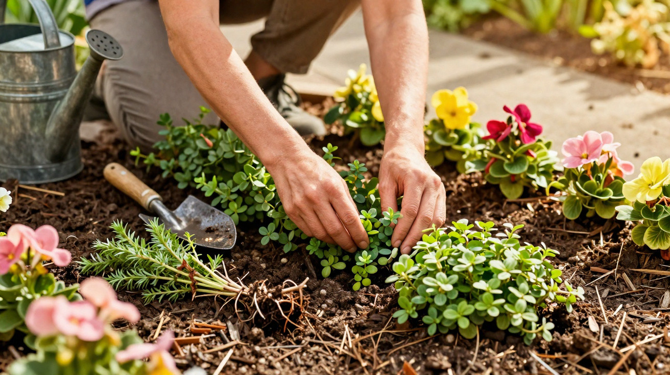 Person planting small green plants in a garden bed surrounded by colourful flowers and gardening tools.