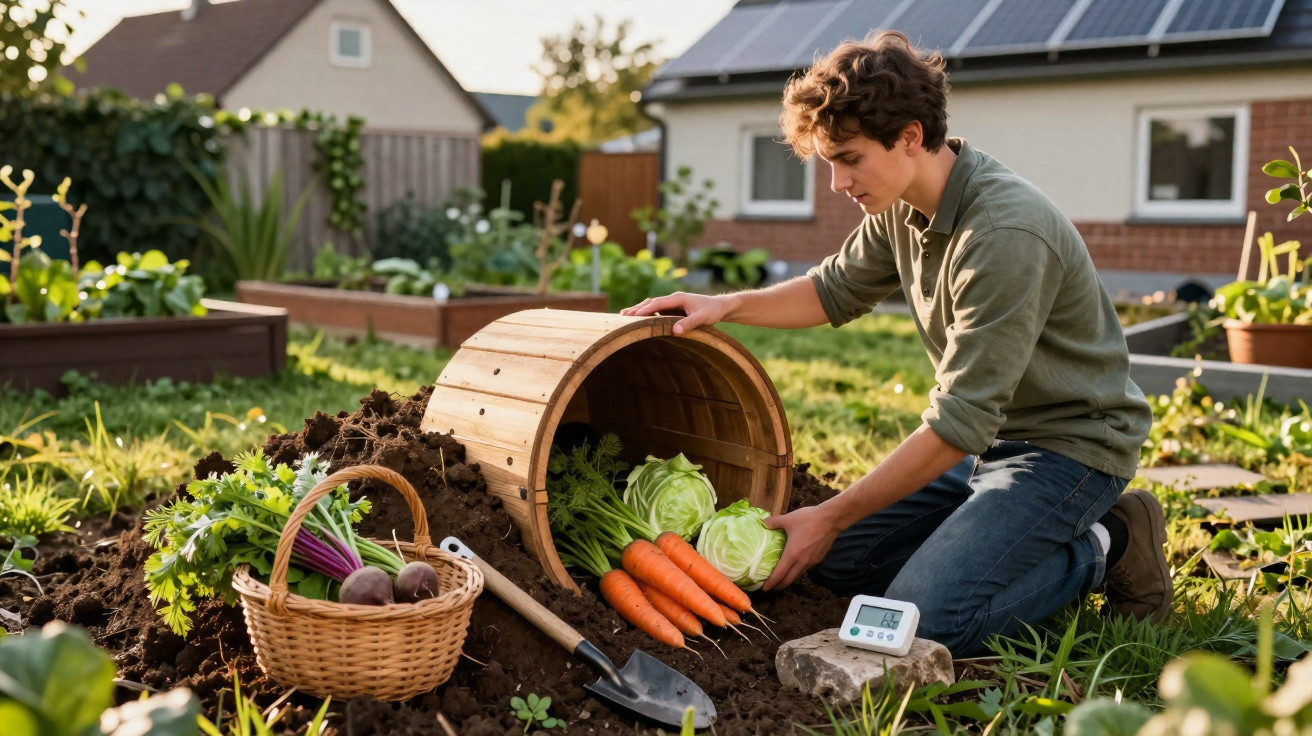 Young man harvesting carrots and cabbages from a home vegetable garden on a sunny day.