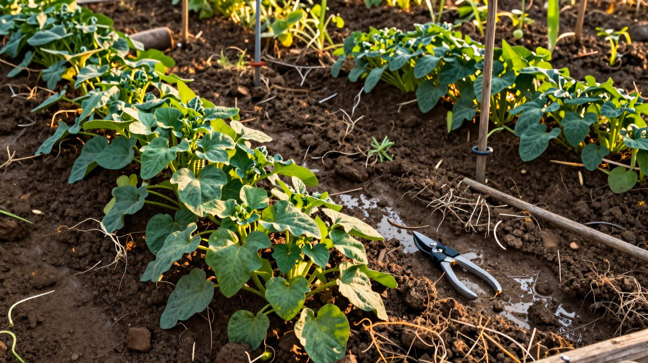 Young plants growing in soil with gardening shears and a watering area nearby in a sunlit garden bed.