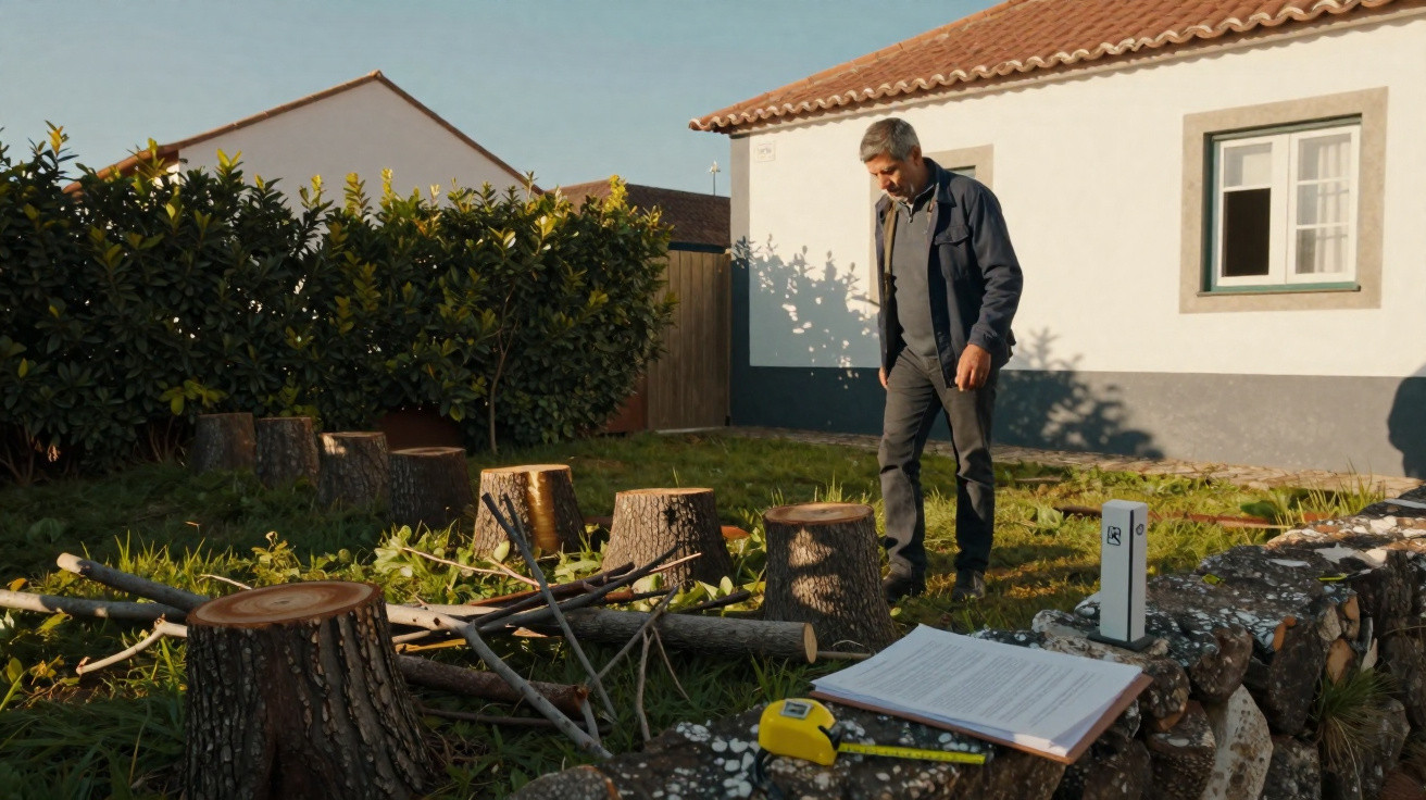 Man standing in a garden with cut tree logs, branches, and measuring tools near a white house with a tiled roof.