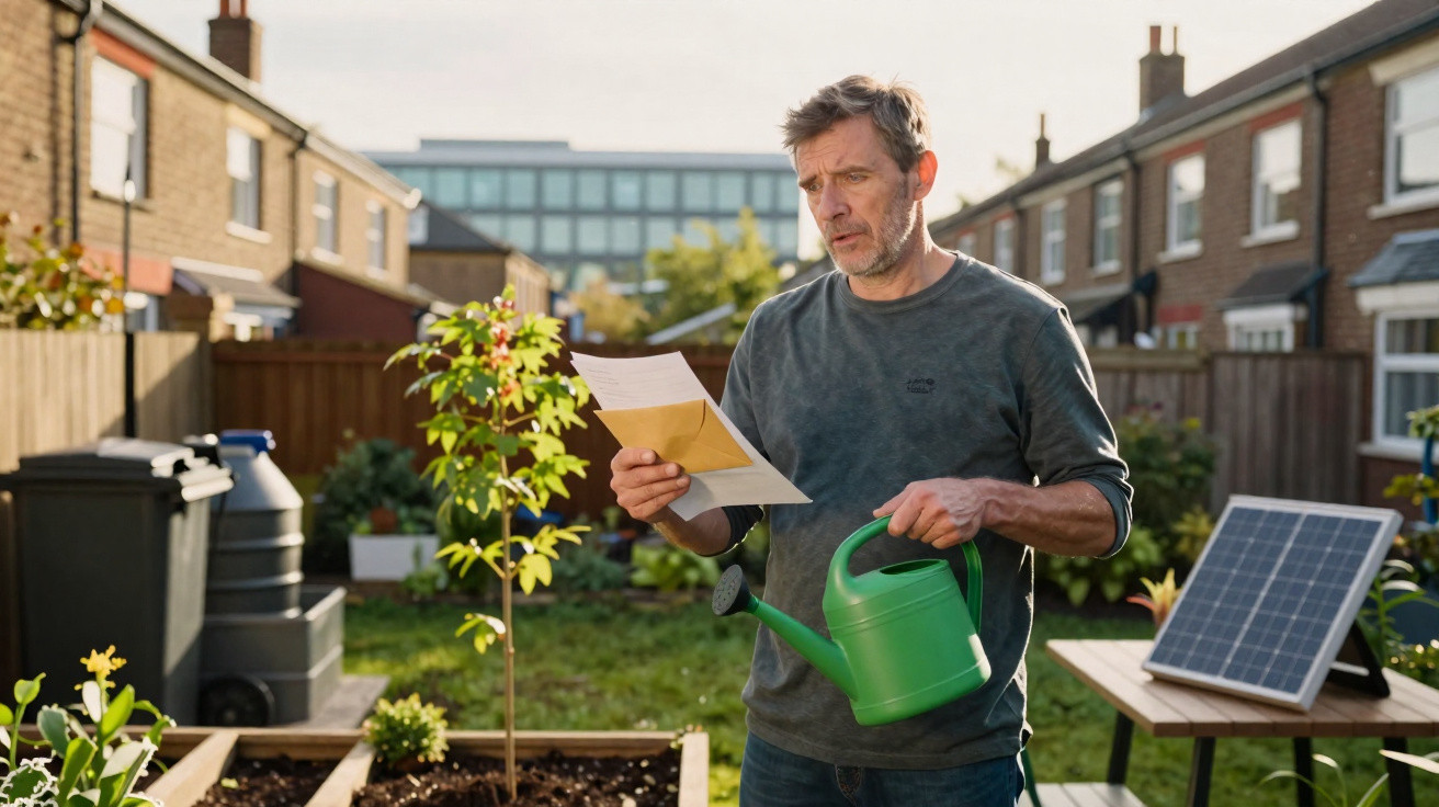 Man in grey sweater holding a green watering can and reading a letter in a suburban garden on a sunny day.