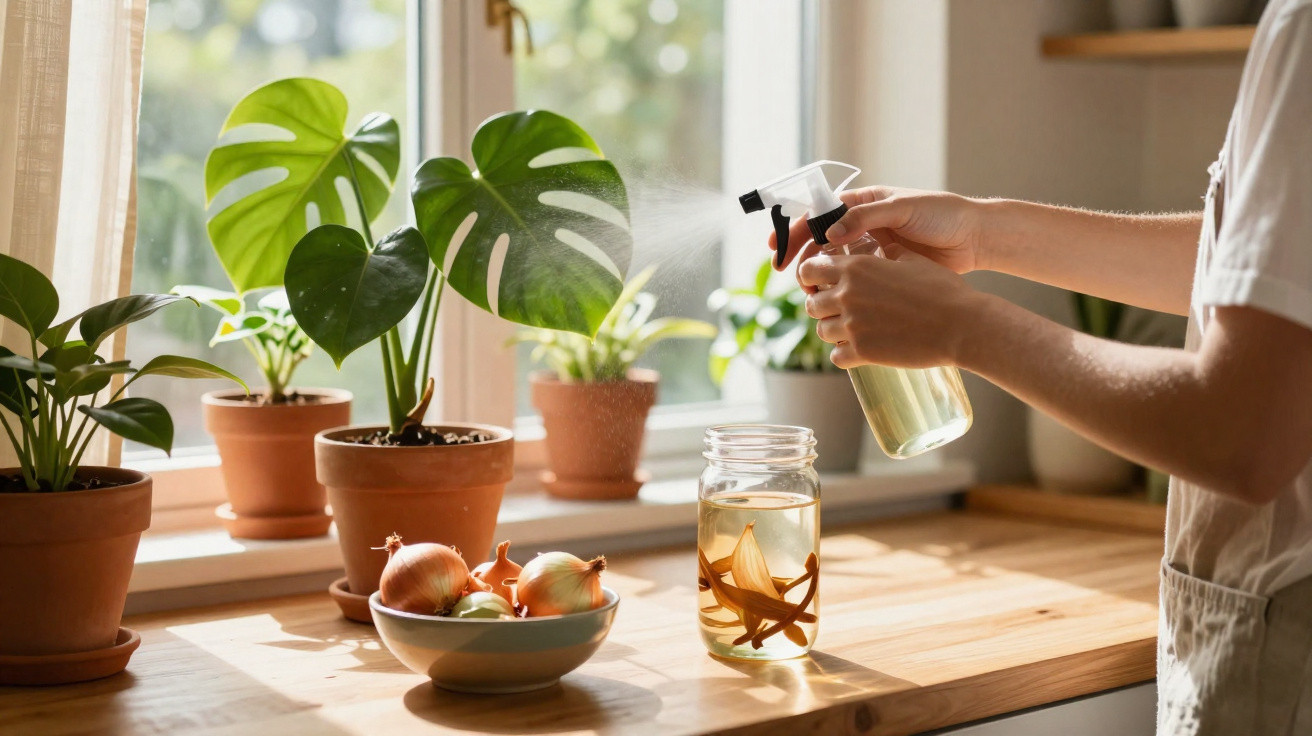Person spraying homemade plant care solution on potted houseplants by a sunlit window.