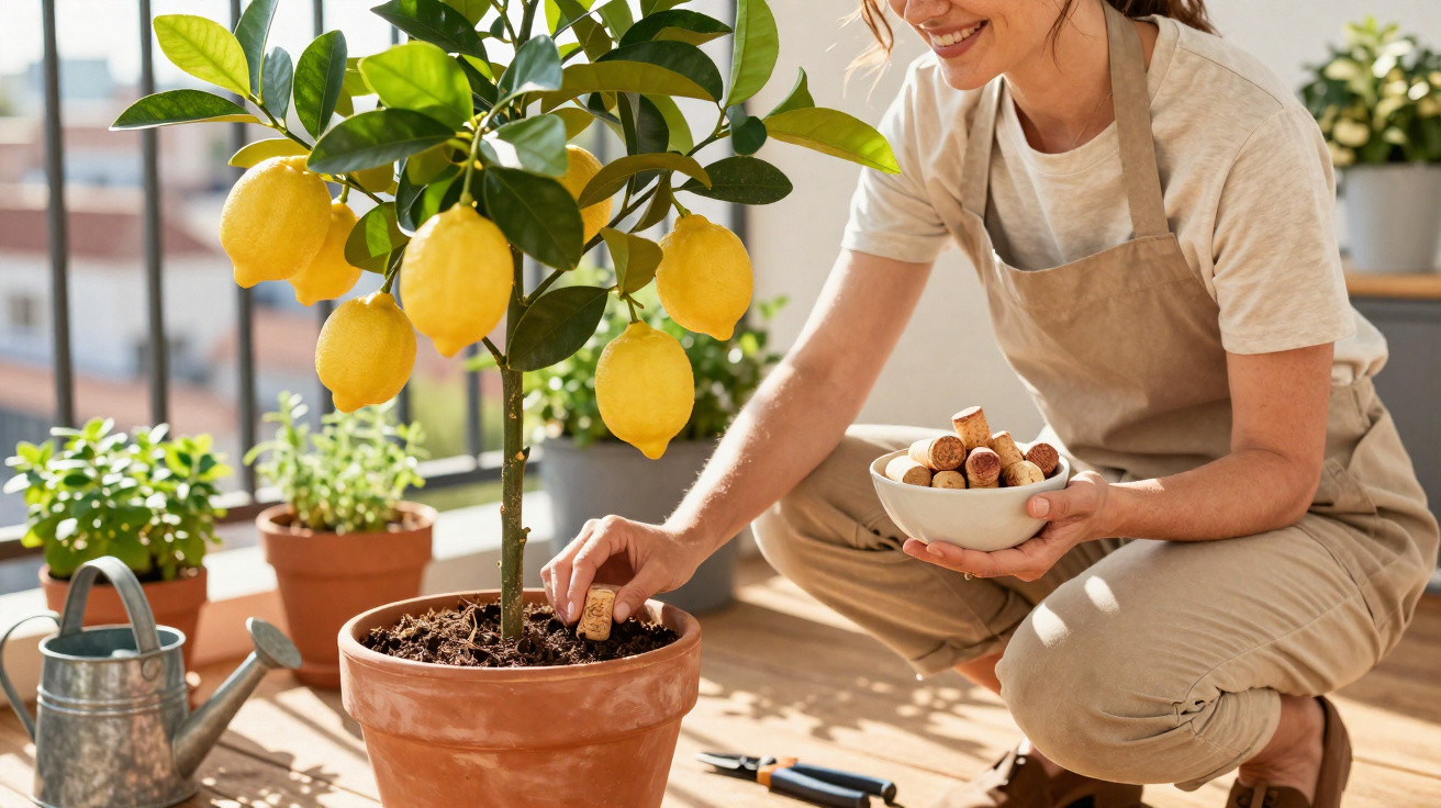 Woman in apron planting wine corks around a lemon tree in a terracotta pot on a balcony garden.