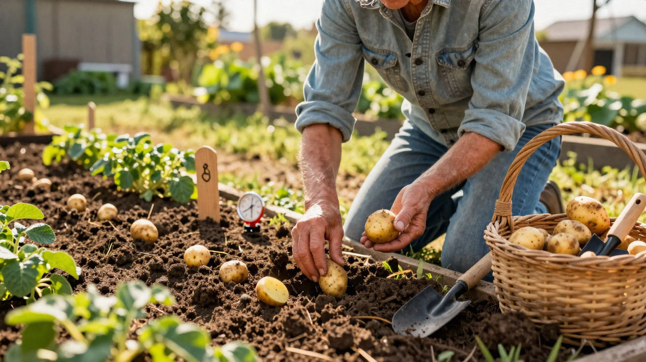 Person harvesting potatoes from soil in a garden bed on a sunny day with basket and gardening tools nearby.