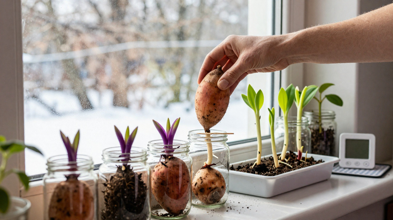 Hand holding sweet potato sprout above jars and seedling tray on a windowsill with snowy outside view.