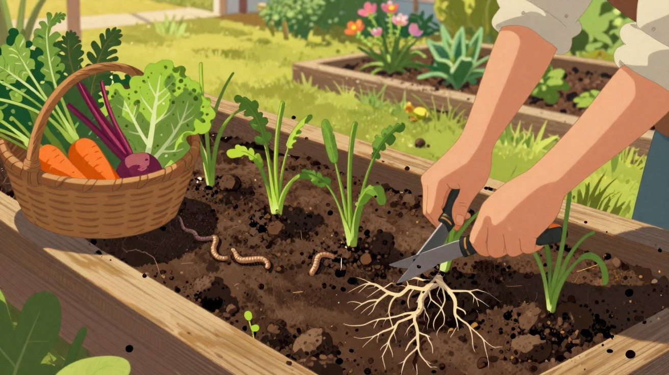 Hands using scissors to cut plant roots in a raised garden bed with worms and a basket of vegetables nearby