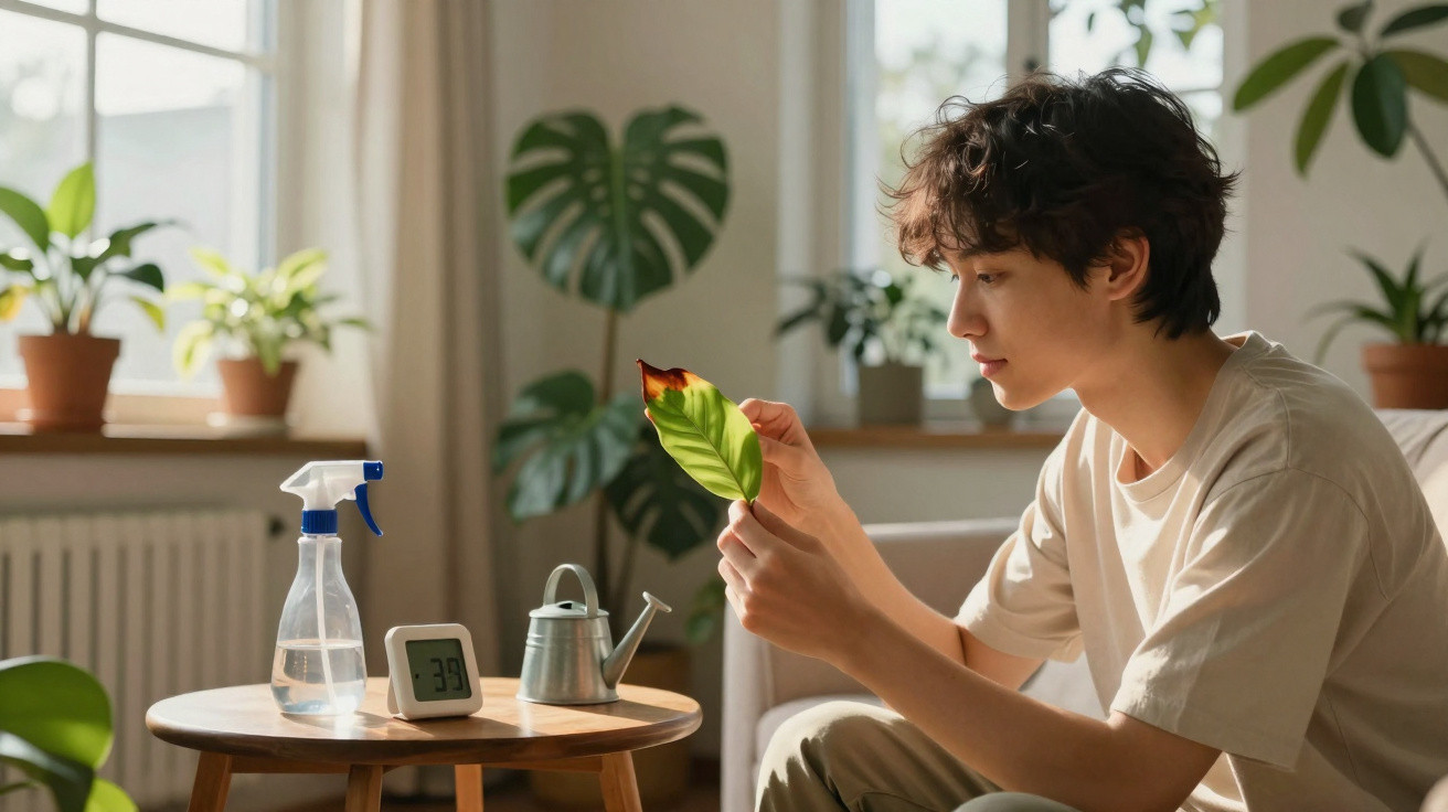 Young man examining a brown-tipped leaf in a bright room with indoor plants and watering tools.