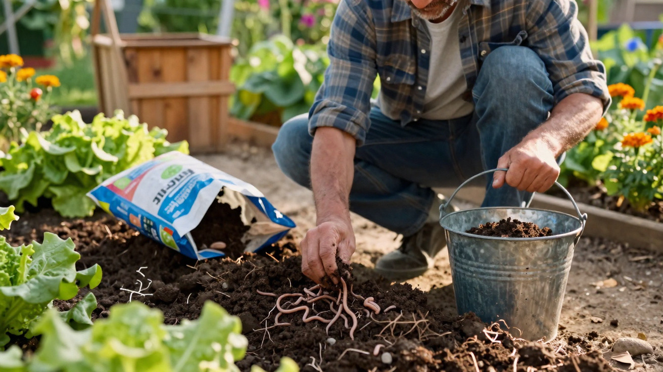 Person adding earthworms from a bucket into garden soil with plants and fertiliser bag nearby.