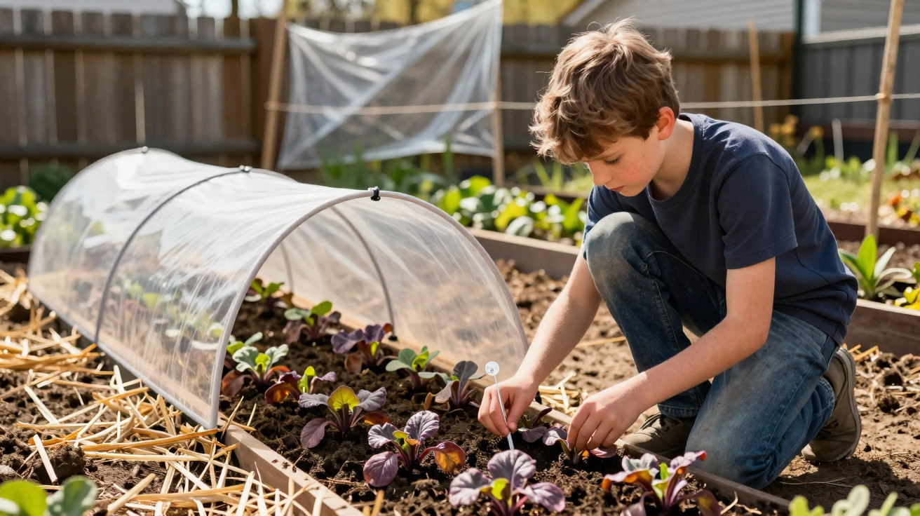 Young boy gardening, tending to plants under a plastic cloche in a raised bed garden on a sunny day.