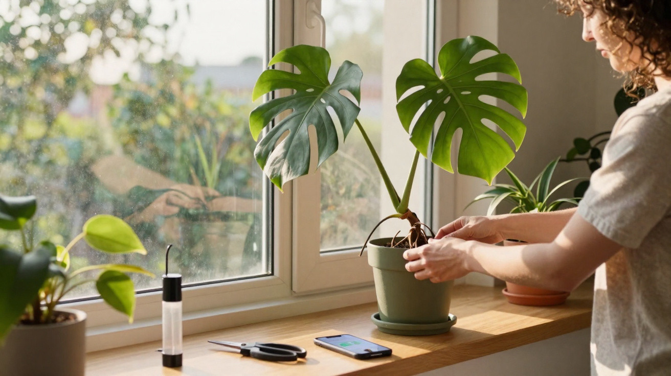 Person tending to a monstera plant on a sunlit windowsill with other plants and gardening tools nearby.