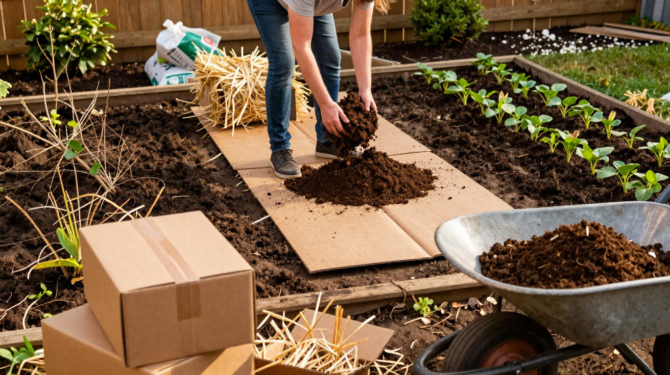 Person spreading compost on cardboard in a garden with raised beds and young plants growing.