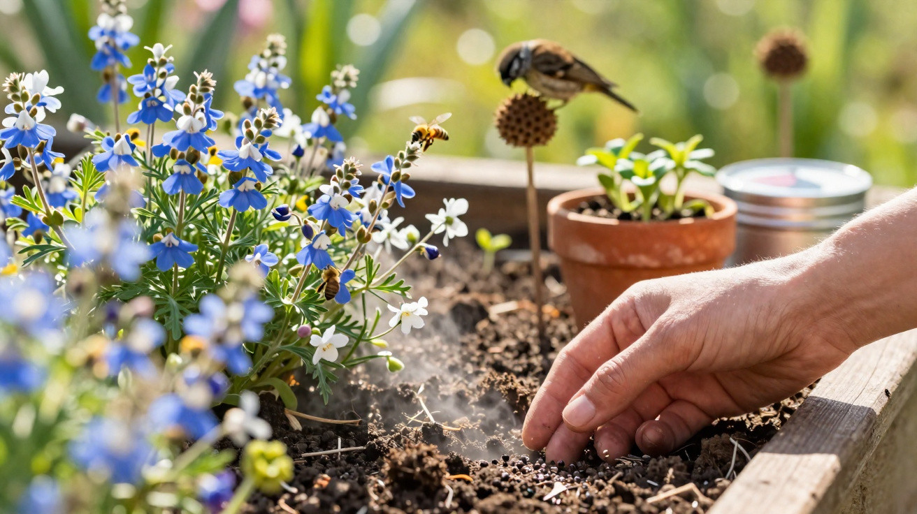 Hand planting seeds in soil beside blooming blue and white flowers with bees and a bird nearby.