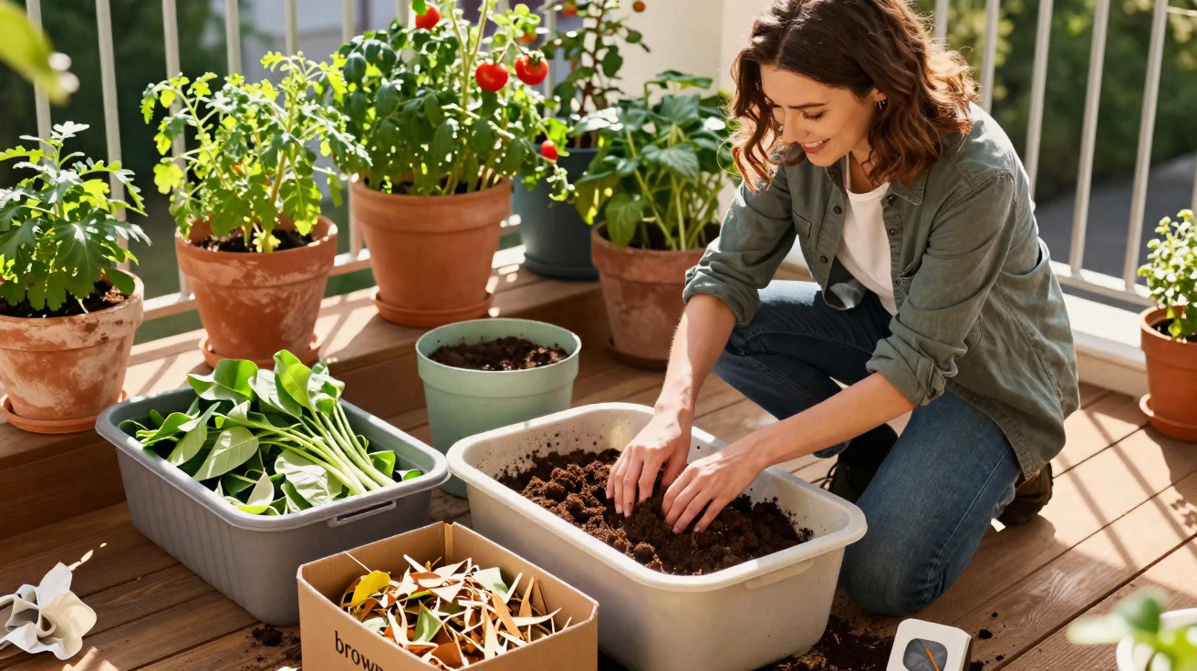 Woman planting in a container on a balcony with various potted plants and gardening supplies nearby.