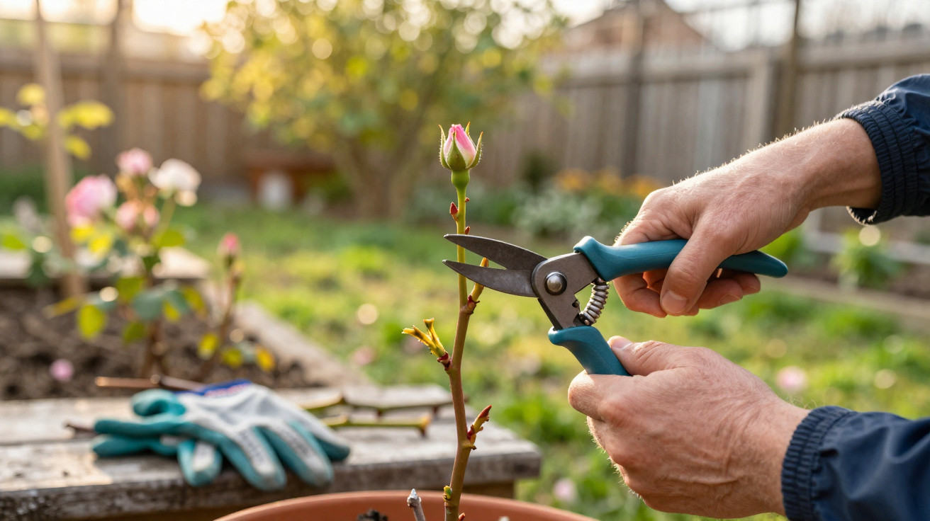 Hands pruning a rose stem with secateurs in a garden during daylight, gardening gloves on a table nearby.
