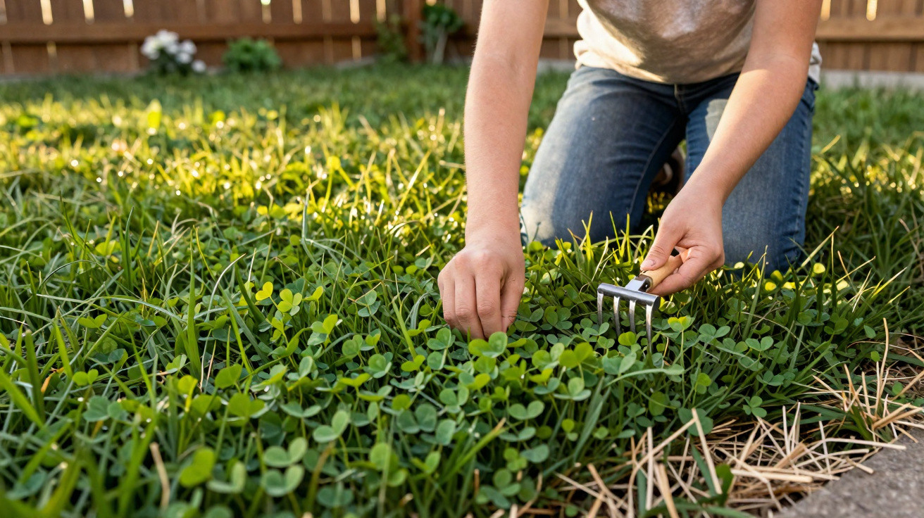 Person kneeling on grass using a small hand rake to tend to clover in a backyard garden.