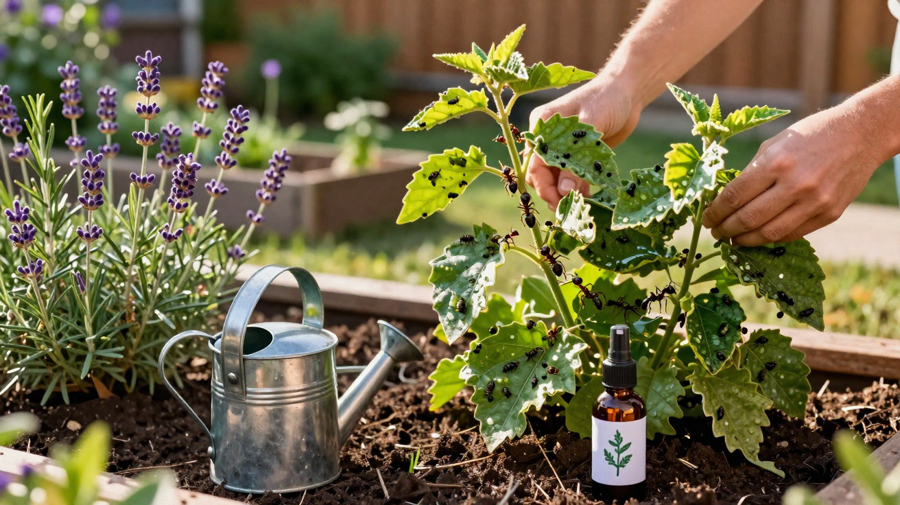 Hands removing ants from a leafy plant in a garden bed with a watering can and insect spray nearby.
