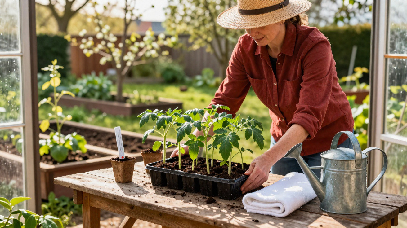 Woman in a straw hat planting seedlings on a wooden table in a sunny garden.