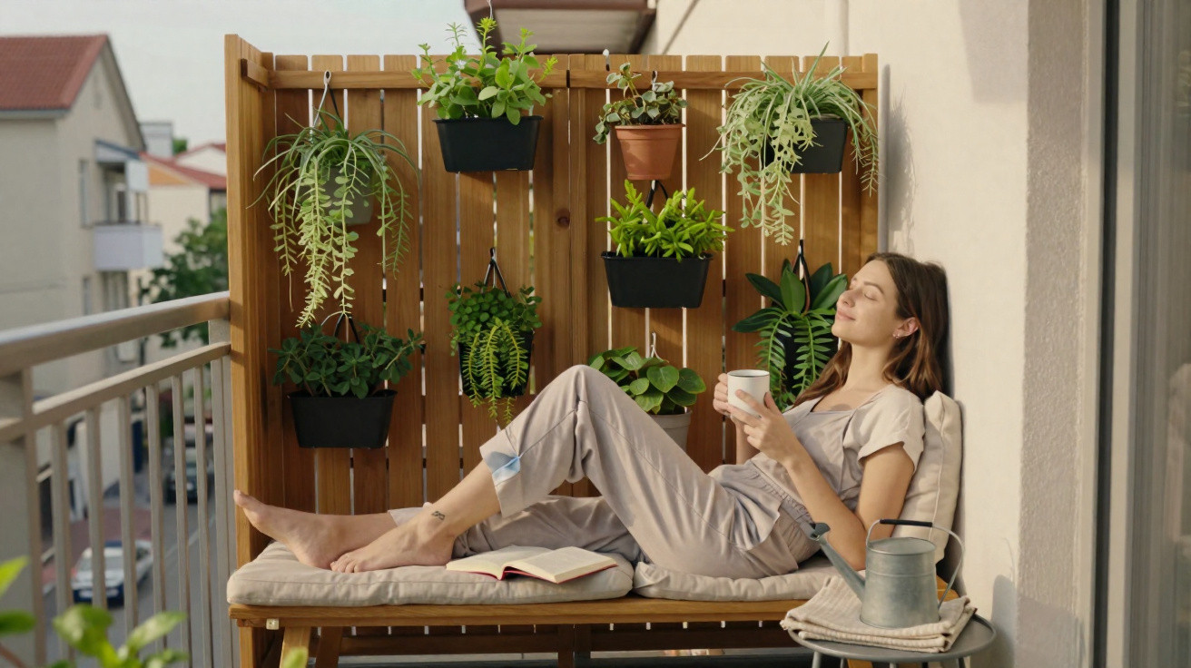 Woman relaxing on balcony bench surrounded by hanging plants, holding a cup and enjoying sunlight.