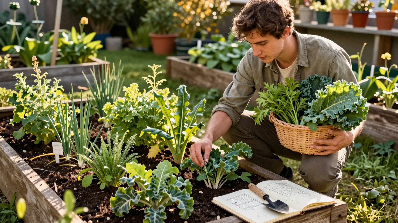 Man harvesting leafy greens from a raised garden bed with gardening tools and notes nearby.