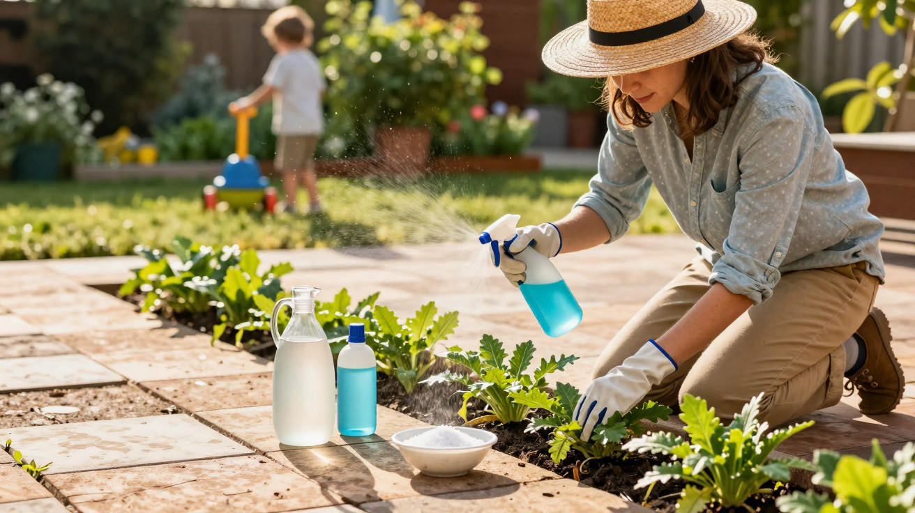 Woman in a hat and gloves spraying plants with blue liquid in a garden while a child plays in the background.