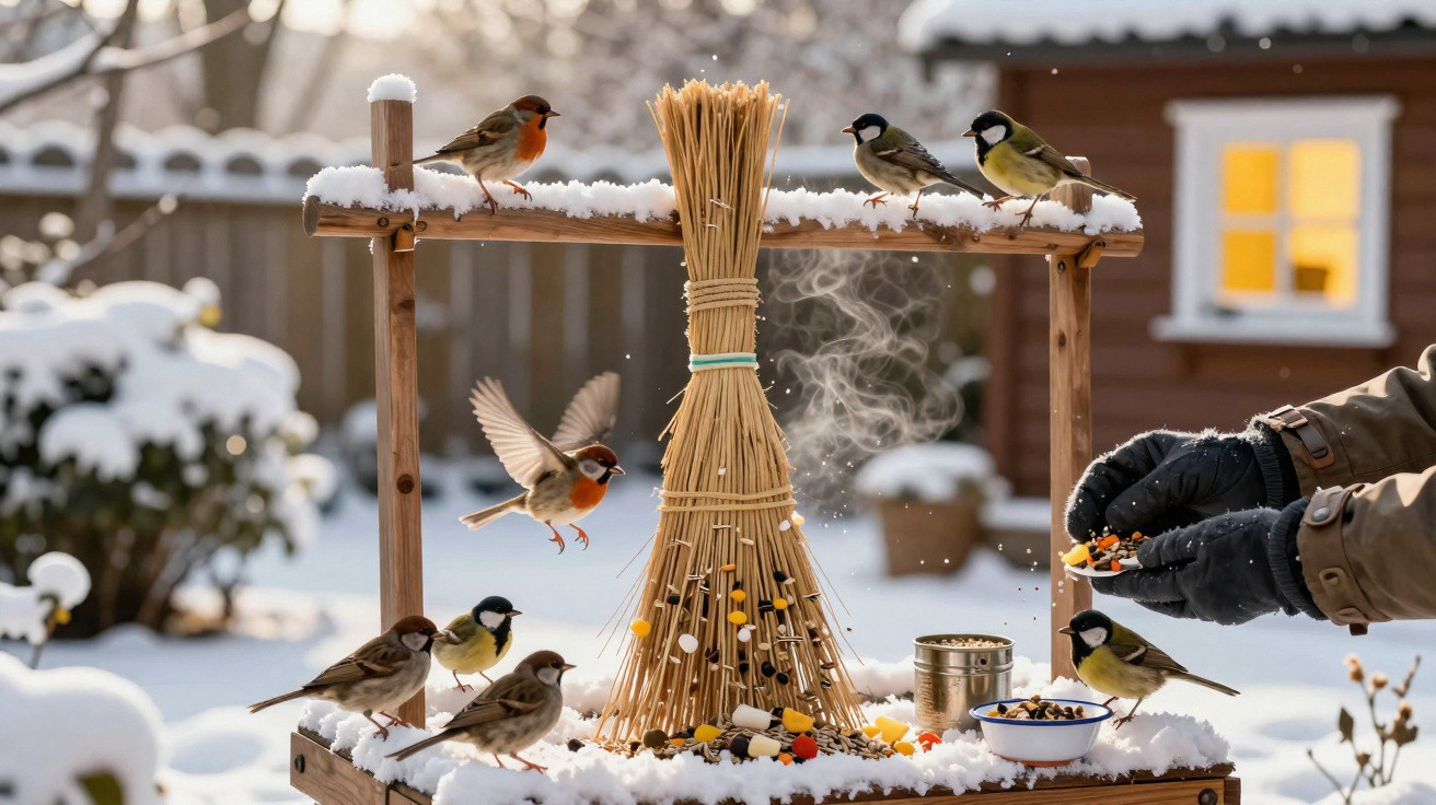 Small birds perched on a snowy wooden feeder with hands offering seeds in a winter garden.