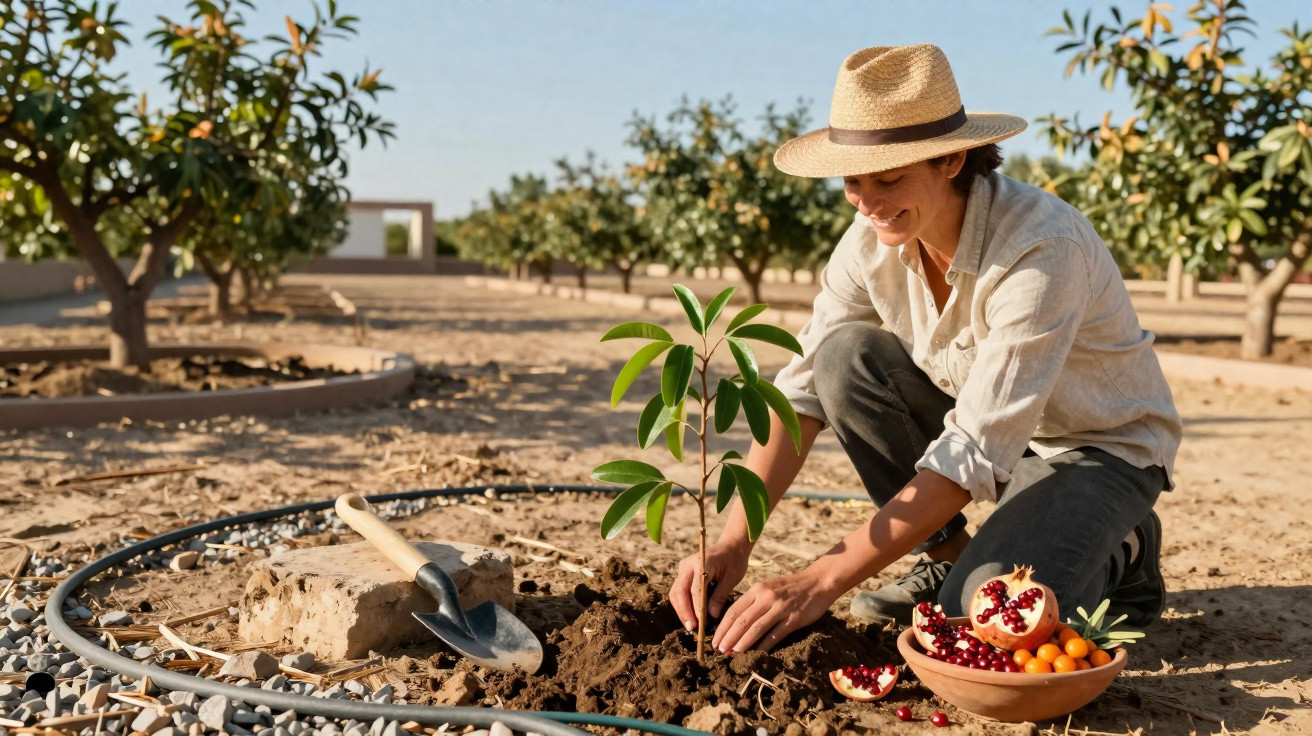 Person wearing a straw hat planting a young tree in an orchard with fruit and a shovel nearby.