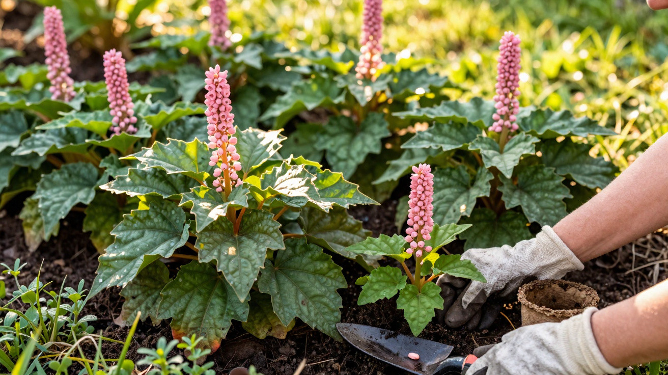 Hands with gardening gloves planting pink-flowered green-leafed plants in a sunny garden bed.