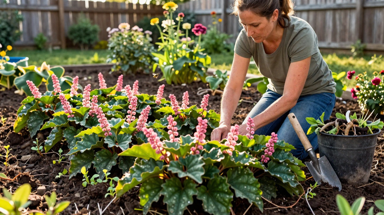 Woman gardening pink flowering plants in a sunny garden bed with a trowel and bucket nearby.