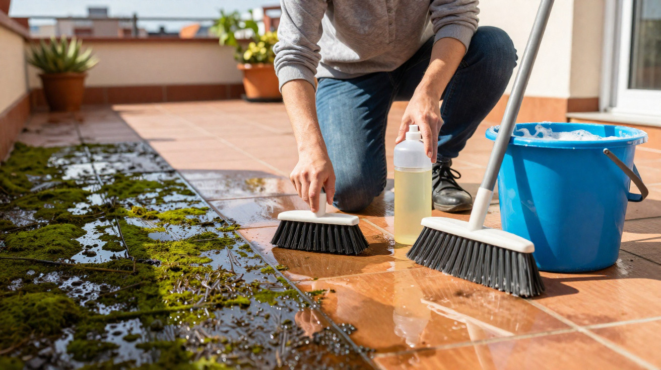 Person scrubbing moss and dirt off outdoor tiles with brushes, a cleaning bottle, and a blue bucket of soapy water.
