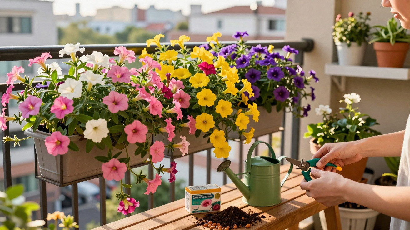 Person pruning colourful petunias on a balcony with gardening tools and a watering can on a wooden table.