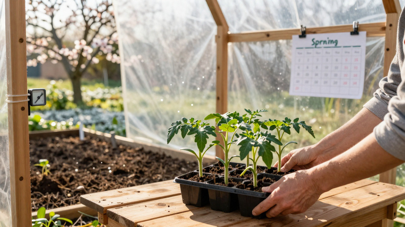 Hands holding a tray of young tomato plants inside a greenhouse with a spring calendar in the background.