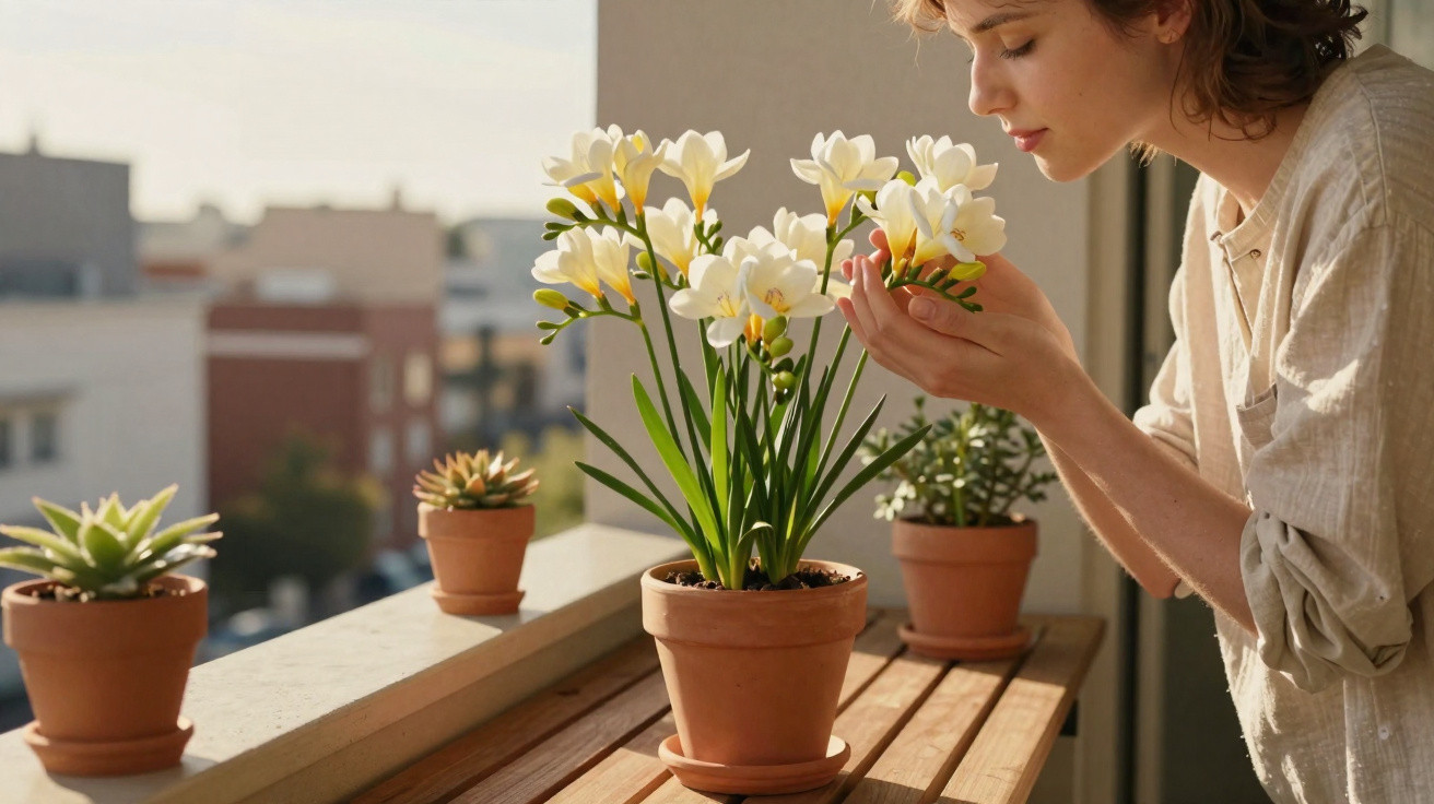 Woman smelling white freesias in a terracotta pot on a balcony railing with succulents nearby.