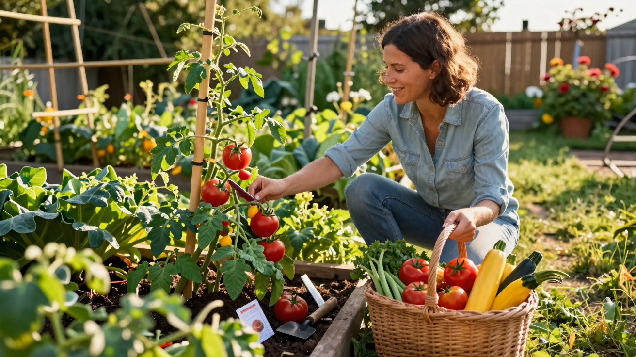 Woman harvesting ripe tomatoes in raised garden bed with basket of fresh vegetables nearby on sunny day