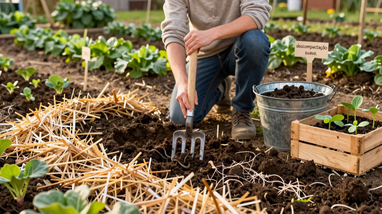 Person kneeling in a garden bed using a hand fork to loosen soil surrounded by seedlings and straw mulch.