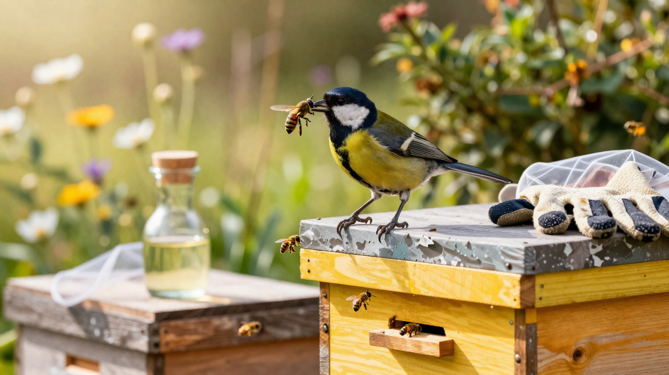 Great tit bird holding a bee on a beehive with gardening gloves and a bottle in a sunny garden.