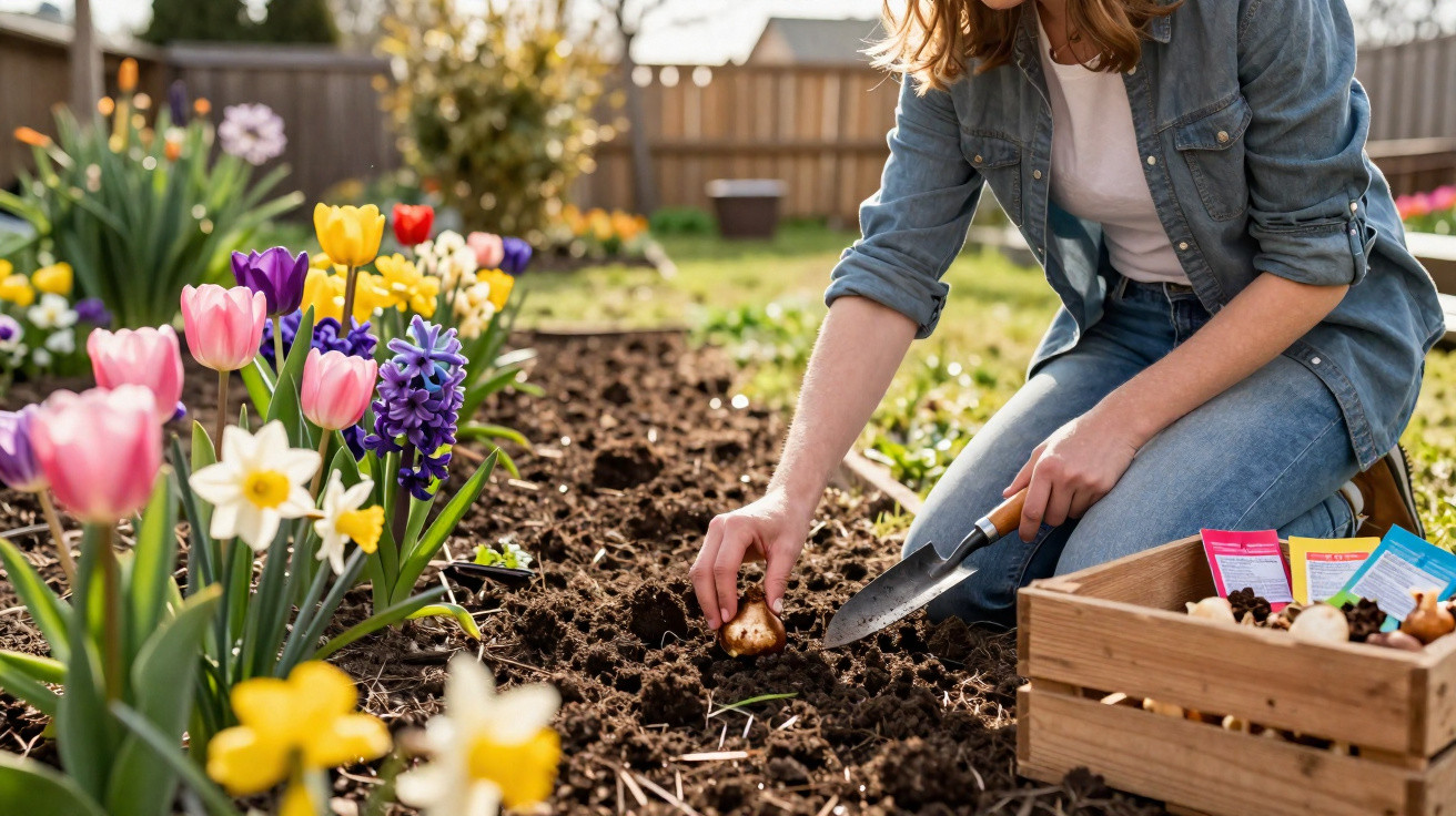 Woman planting flower bulbs in a garden bed surrounded by colourful spring flowers on a sunny day.