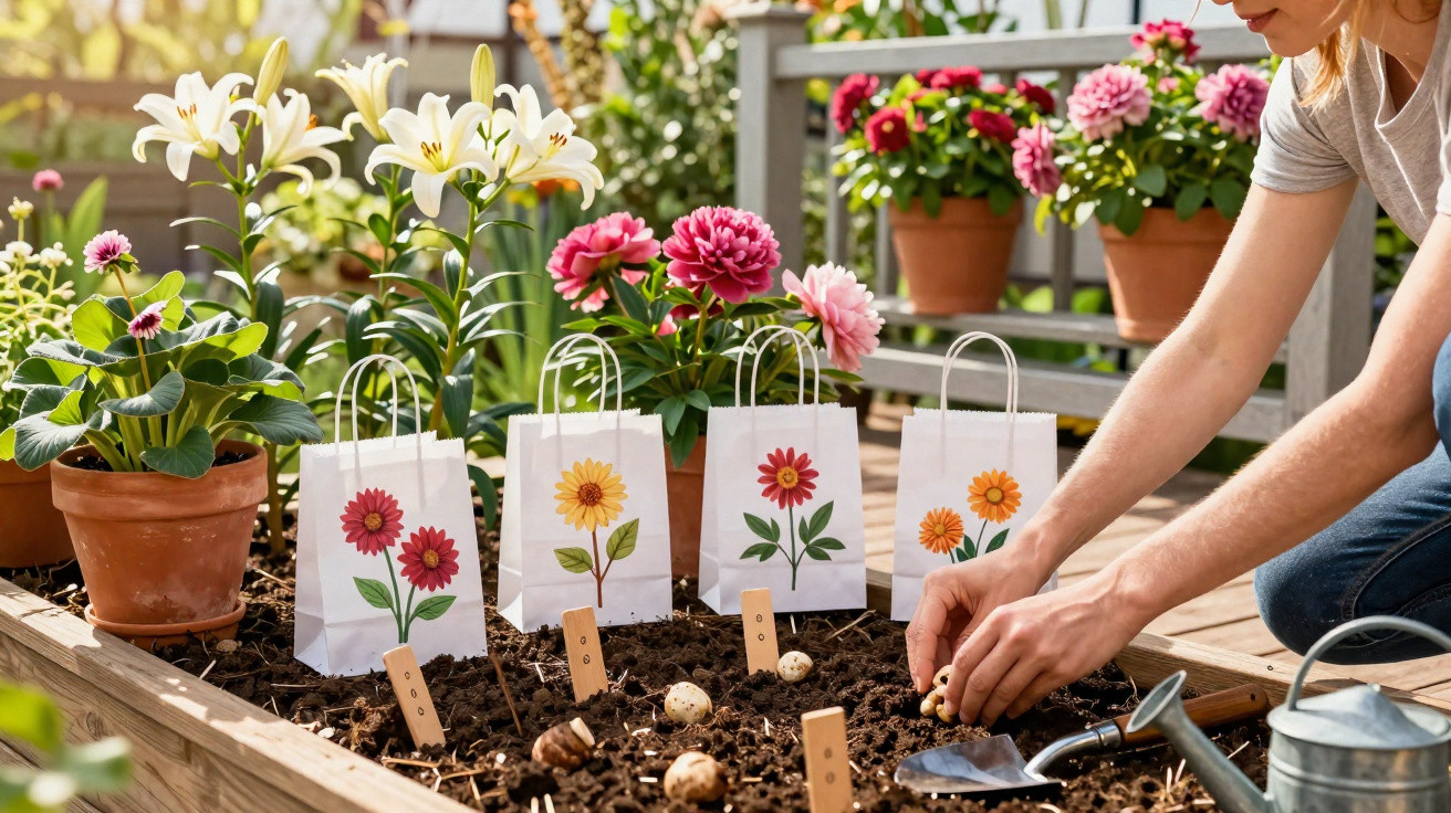 Person planting flower bulbs in a garden bed with pots and labelled flower bags on a sunny day.