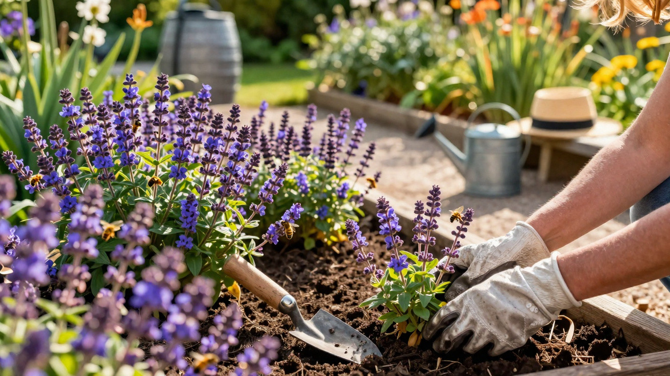 Person wearing gloves planting purple flowers in garden bed with gardening tools and watering can nearby.