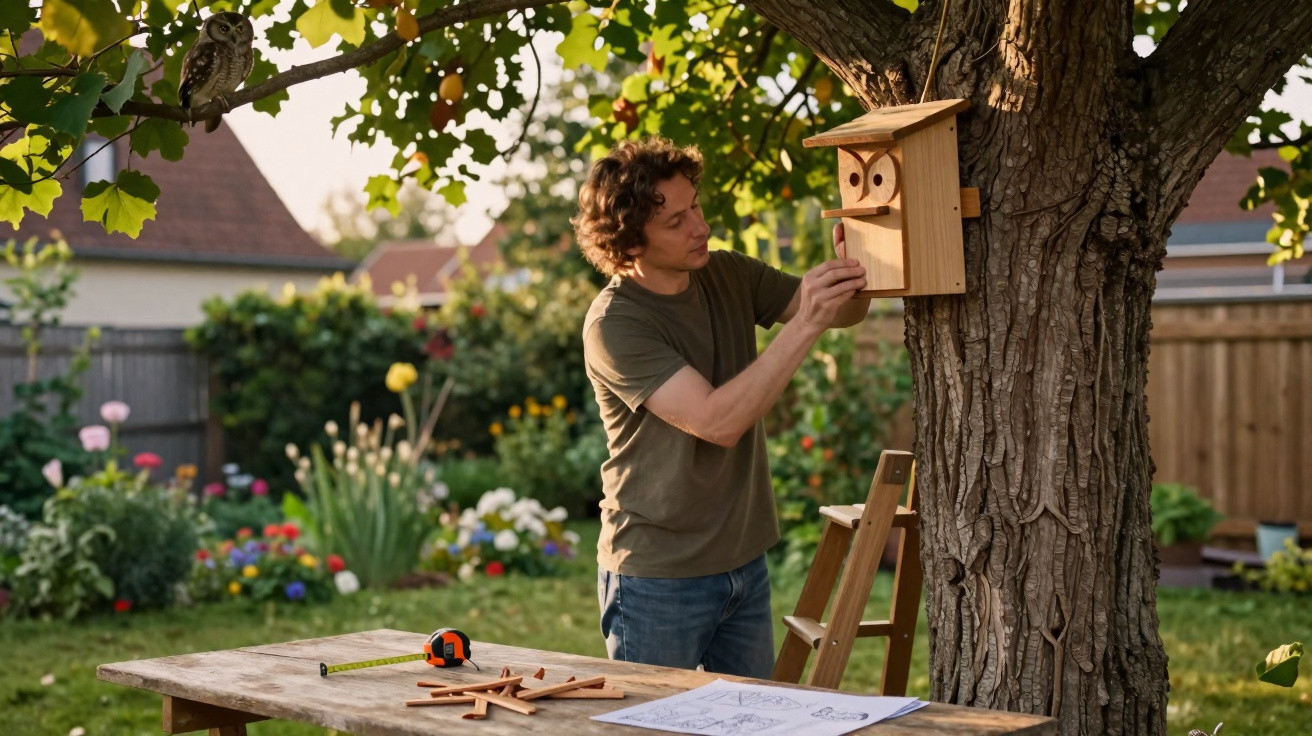 Man installing a wooden birdhouse on a tree in a garden with tools and plans on a table nearby.