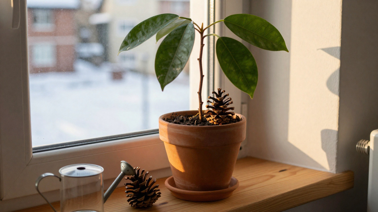 Small indoor plant in a terracotta pot with pine cones on a wooden windowsill and a watering can nearby.