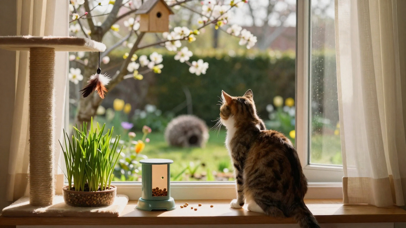 Tabby cat sits on a windowsill looking out at a garden with blooming flowers and a birdhouse in spring.