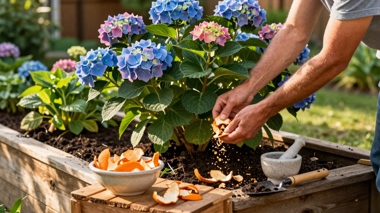 Person sprinkling crushed orange peels around blooming blue and pink hydrangeas in a raised garden bed.