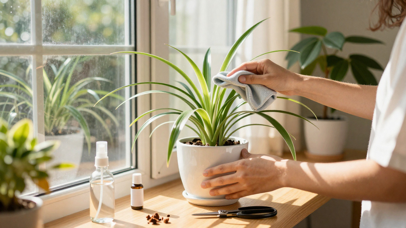 Person wiping leaves of a potted spider plant on a sunlit windowsill with gardening tools nearby.