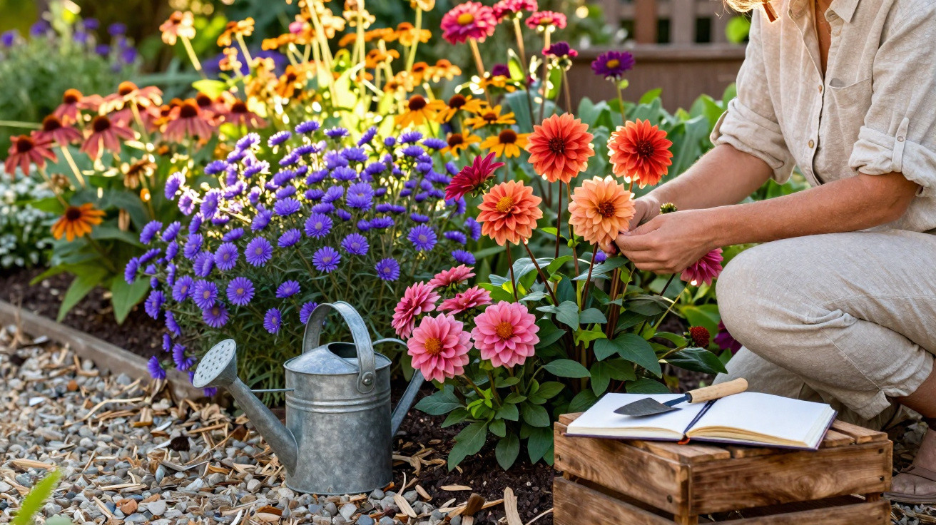 Person tending vibrant orange and pink flowers in a garden bed with a watering can and notebook nearby.
