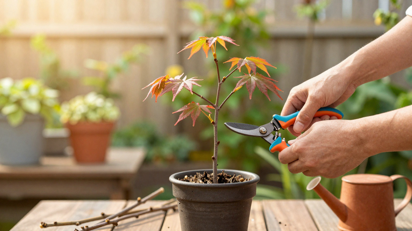 Person pruning a small potted plant with garden shears on a wooden table outdoors.